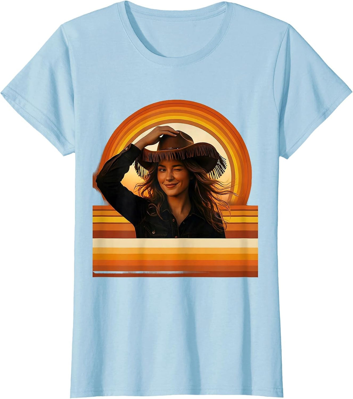 Women's Cowgirl Tipping Hat Winking Illustration T-Shirt - Baby Blue