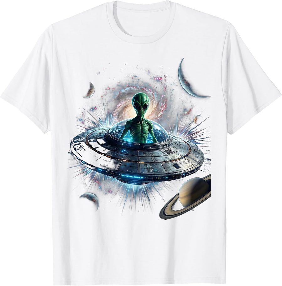 Green Alien Emerging From Flying Saucer Hatch T-Shirt - White