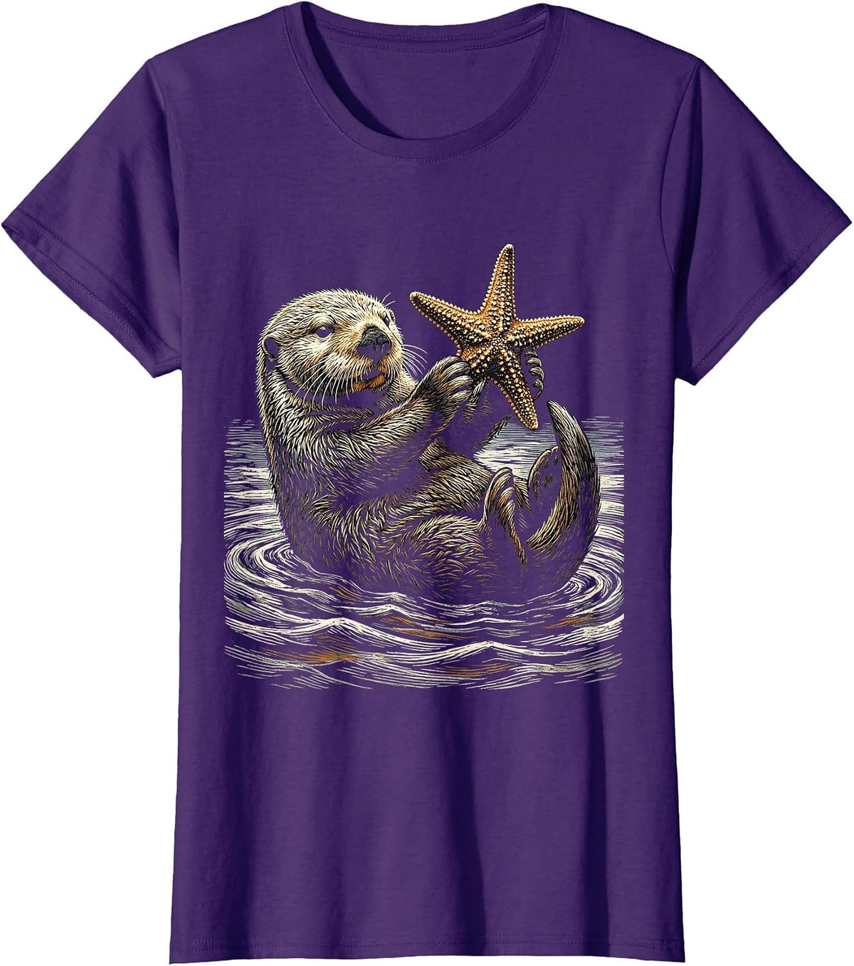 Women's Sea Otter Holding Starfish Above Water T-Shirt - Purple