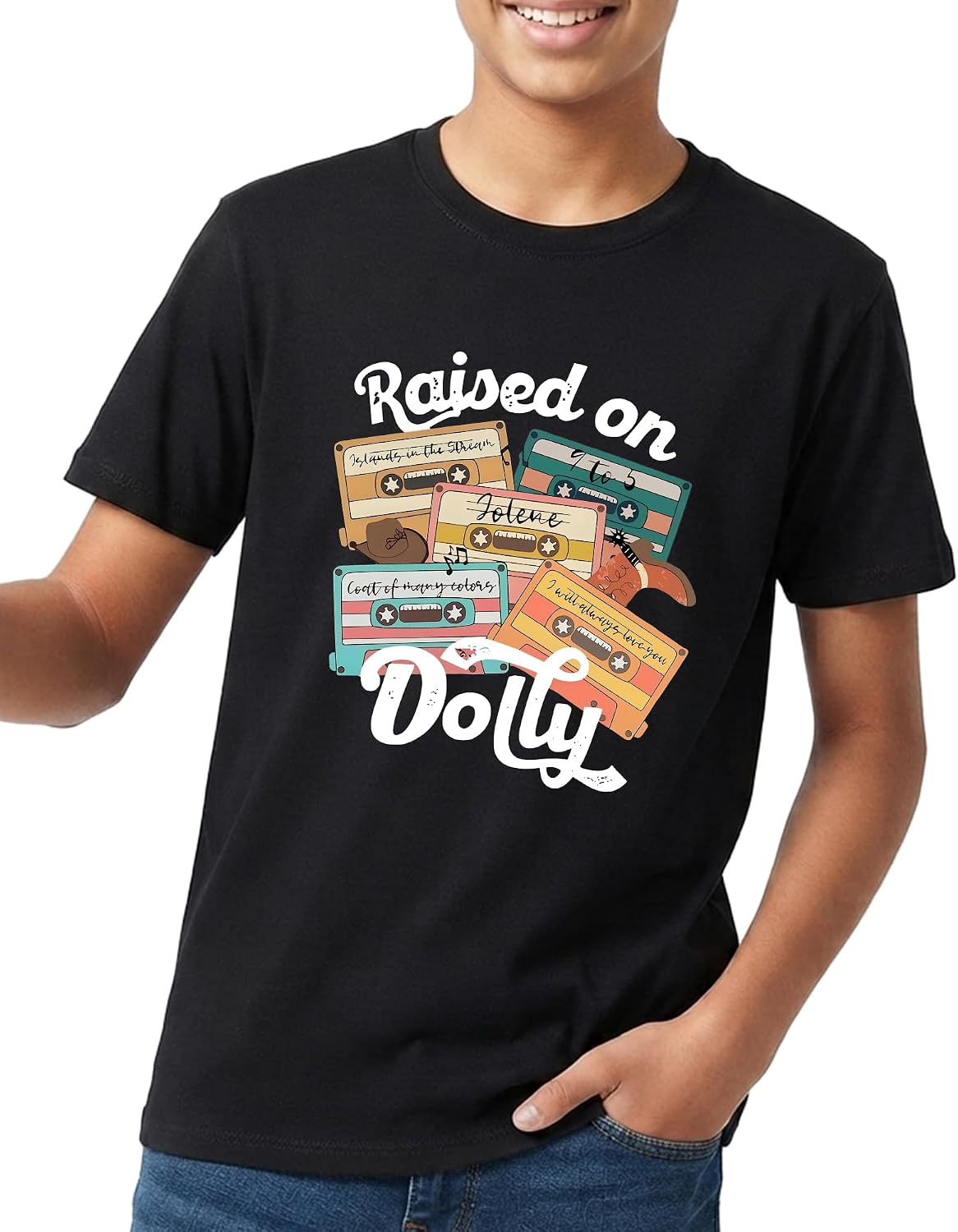 Youth Country Music Raised On Dolly Cotton T-Shirt for Teens Tee - Black