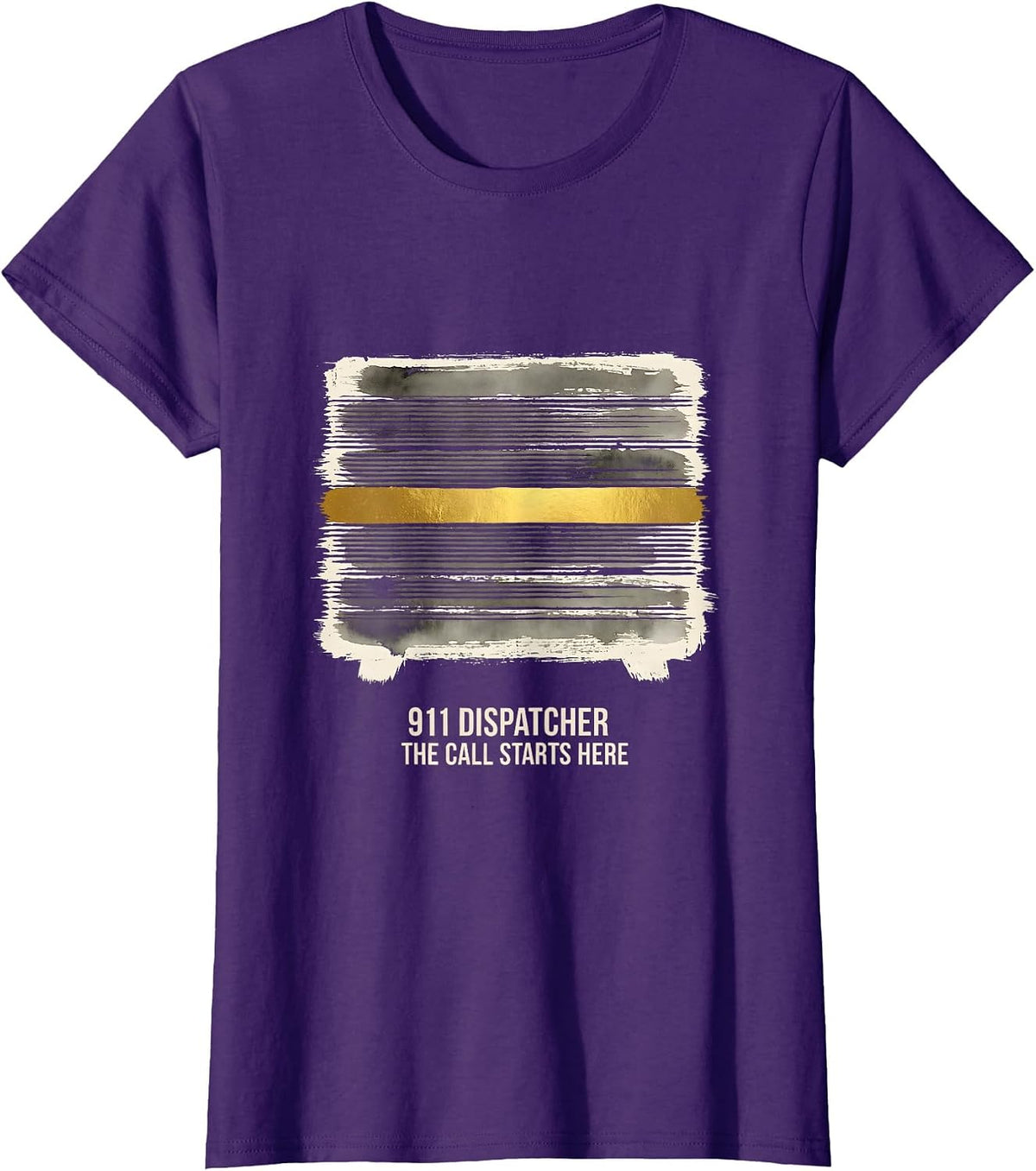 Women's 911 Dispatcher The Call Starts Here Thin Gold Line Tribute T-Shirt - Purple