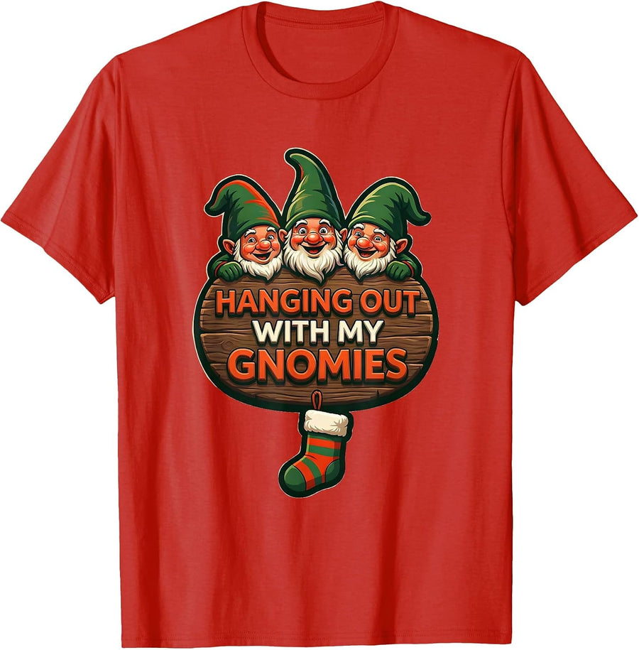 Men's Hanging Out With My Gnomies Funny Gnome Friend Christmas T-Shirt - Red