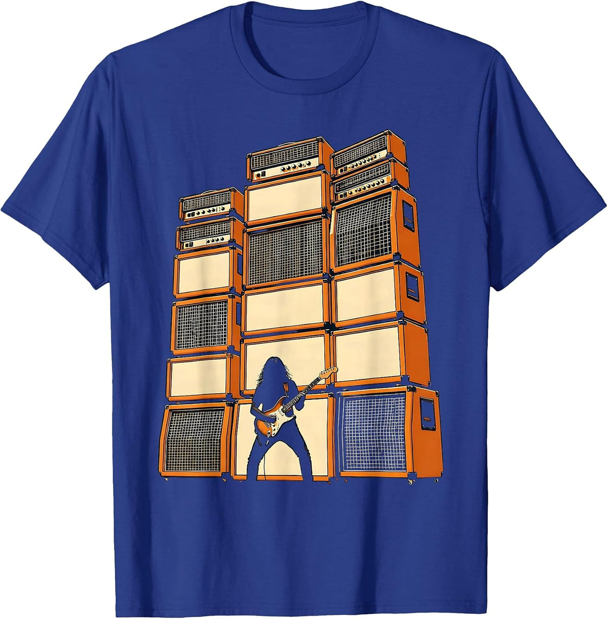 80s Rock Silhouette Giant Amplifier Stack Art T-Shirt - Royal Blue