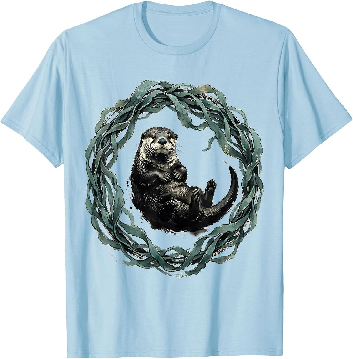 Kelp Wrapped Otter Underwater Ocean Art T-Shirt - Baby Blue