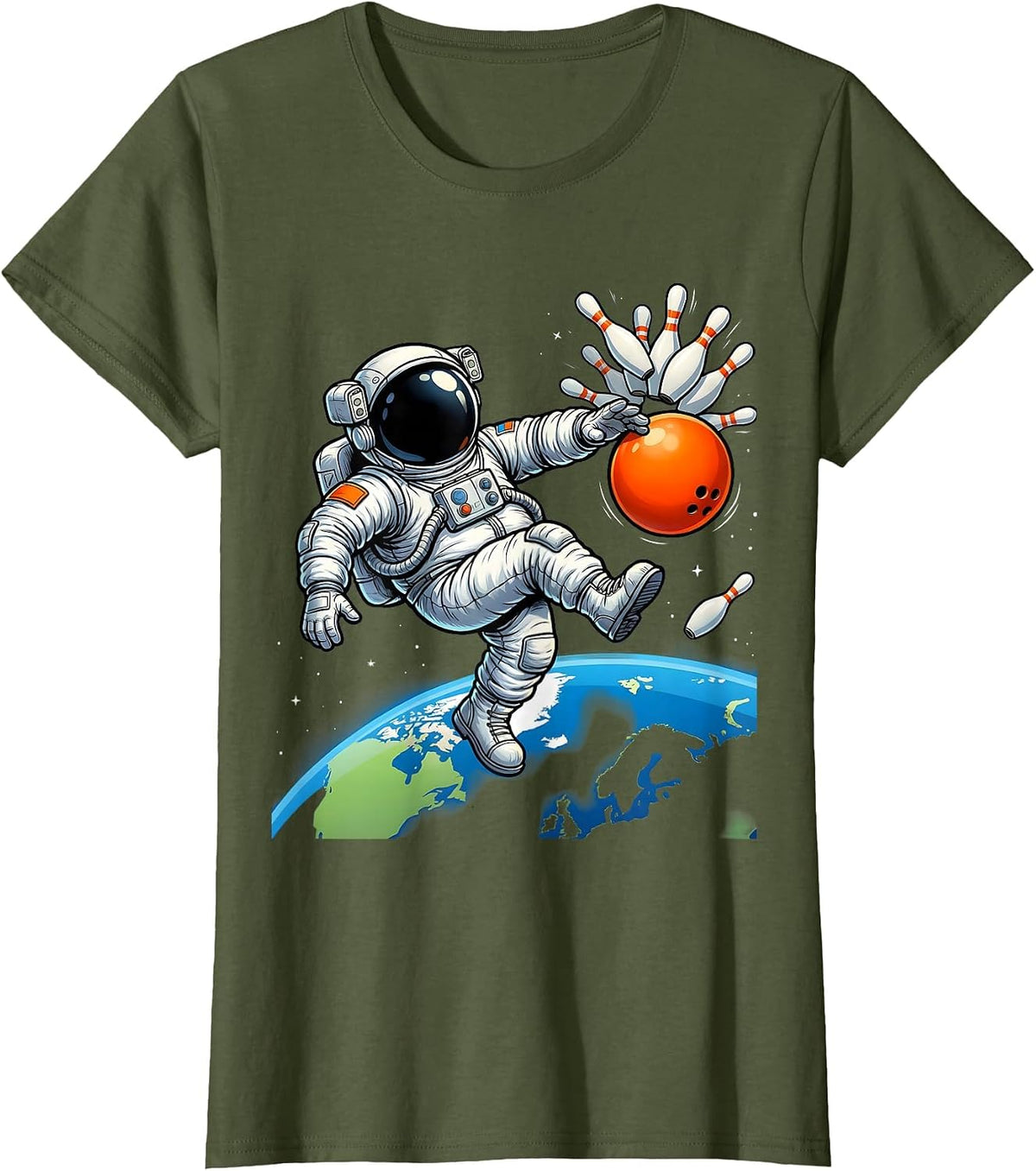 Women's Astronaut Bowling in Zero Gravity Space Design T-Shirt - Olive Green