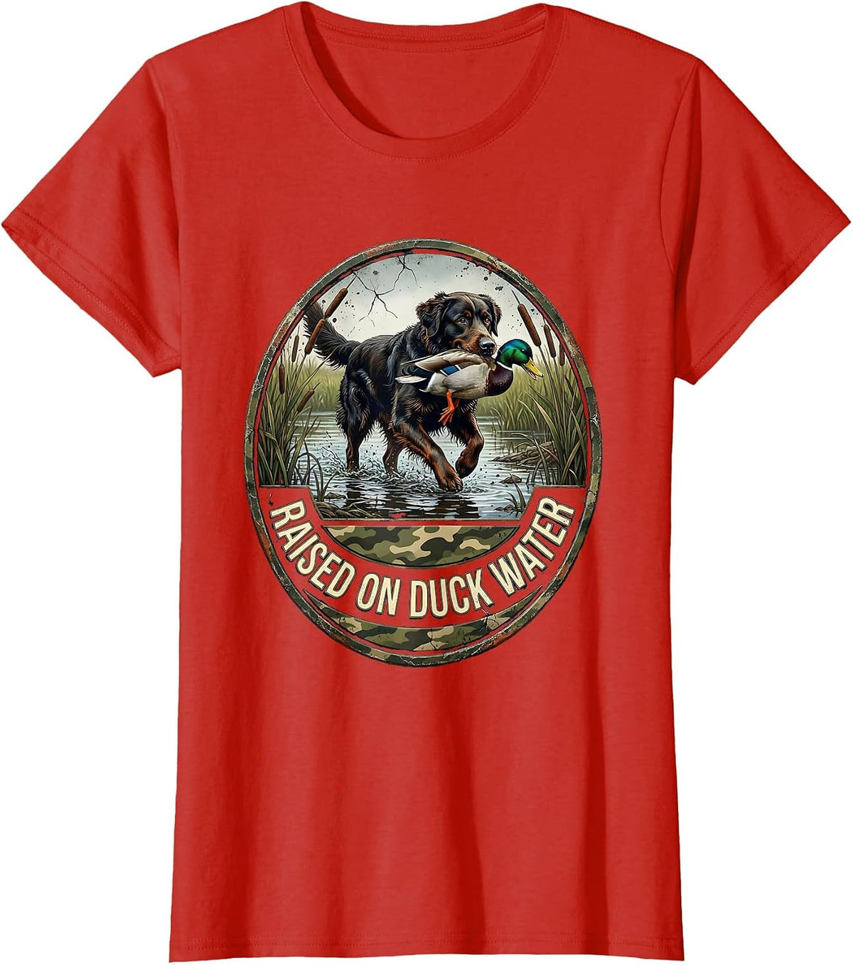 Raised On Duck Water Distressed Hunting Dog Waterfowl Pride T-Shirt - Red
