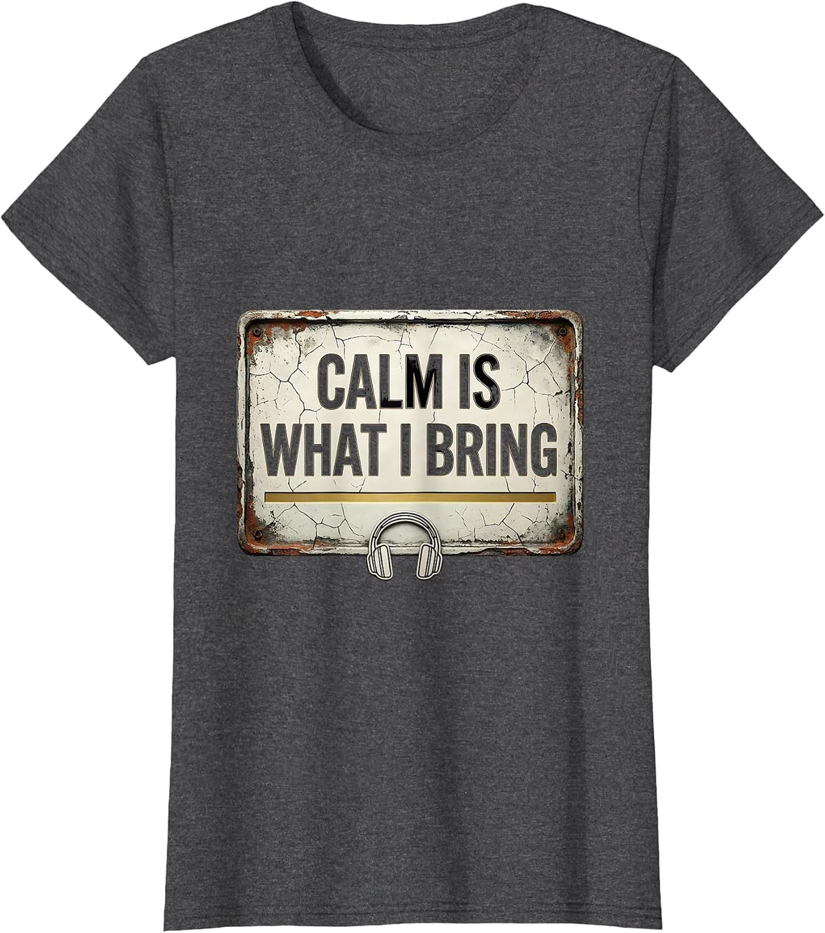 Women's Calm Is What I Bring Distressed 911 Dispatcher Thin Gold T-Shirt - Dark Heather Grey