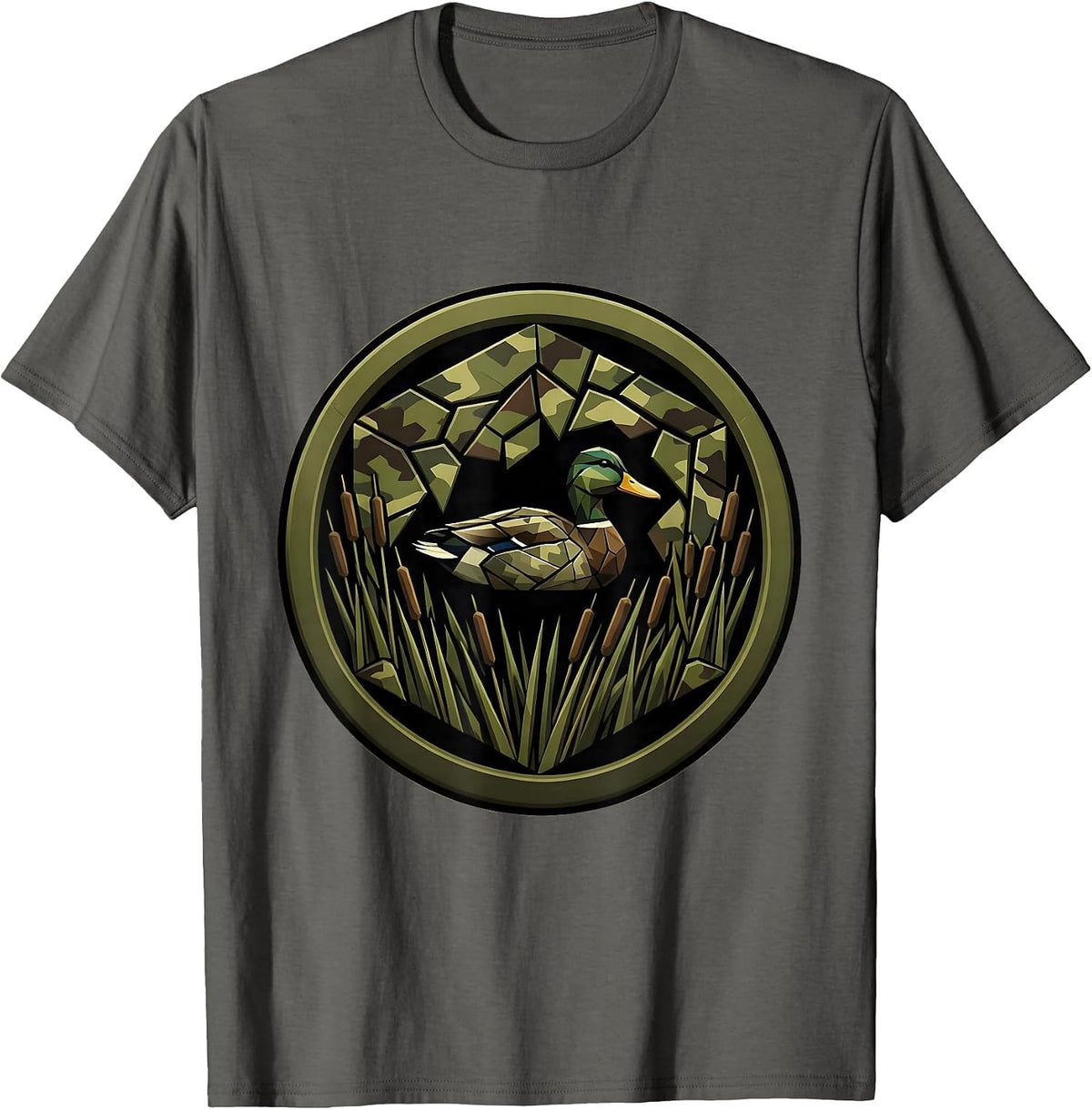 Men's Camo Duck Blind Cattail Marsh Hunting Illustration T-Shirt - Asphalt Grey