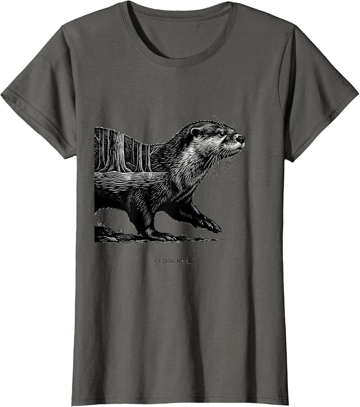 Women's Cedar Habit Scratchboard River Otter Forest Wildlife Nature T-Shirt - Asphalt Grey