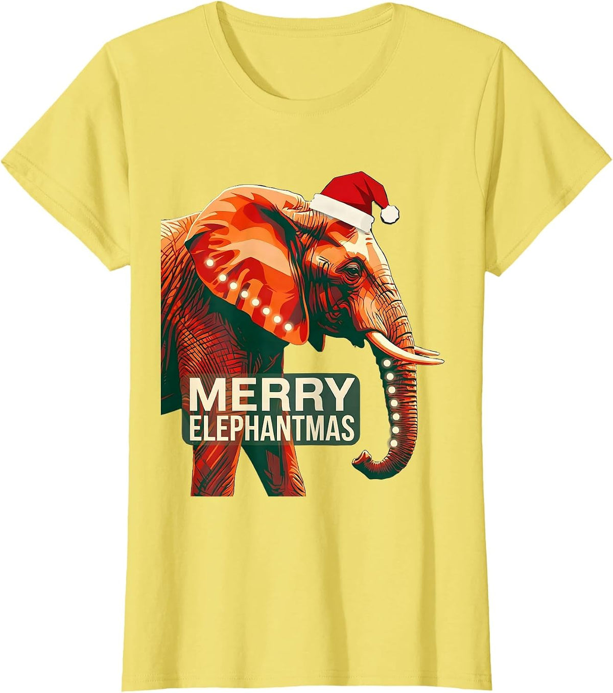 Women's Merry Elephantmas Screenprint Poster Whimsical Animal Lover T-Shirt - Lemon Yellow