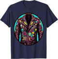 Classic Rock Band Patch Leather Jacket Graphic T-Shirt - Navy Blue