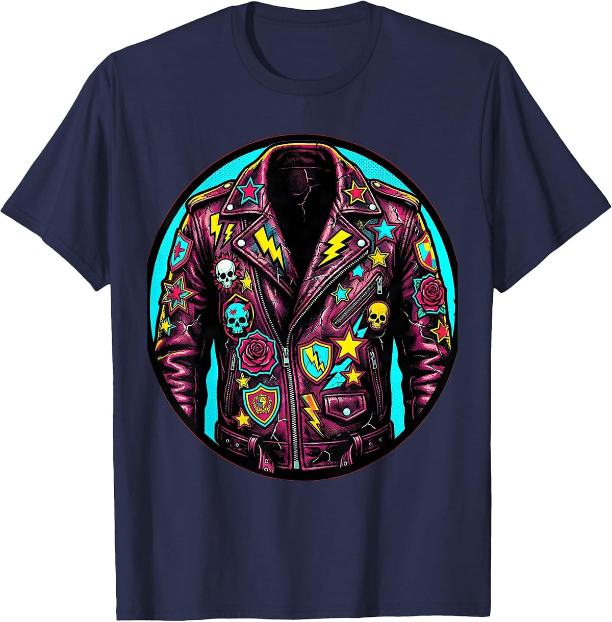 Classic Rock Band Patch Leather Jacket Graphic T-Shirt - Navy Blue