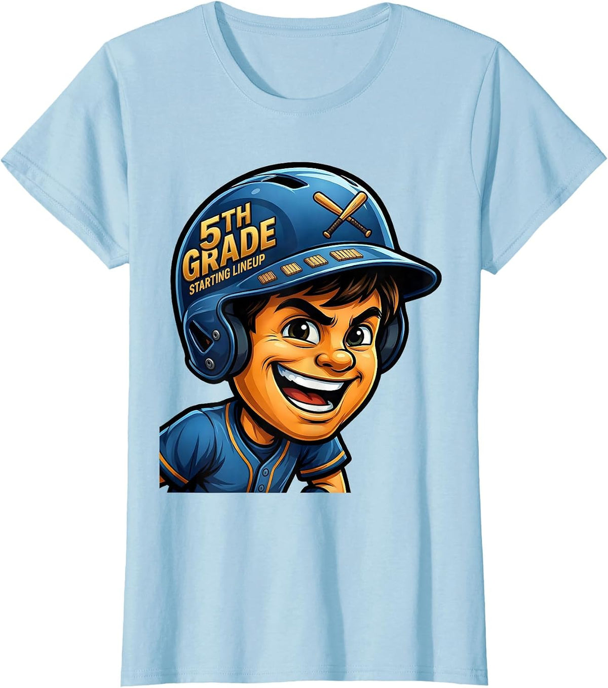5th Grade Starting Lineup Cartoon Baseball Boy Mascot Back T-Shirt - Baby Blue