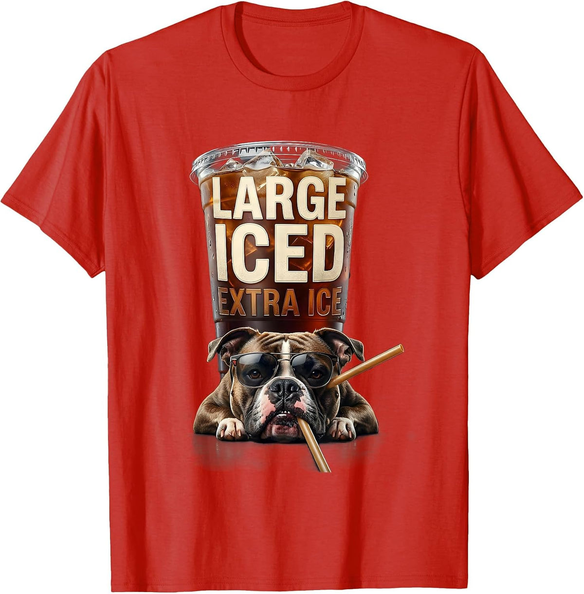 Men's Large Iced Extra Ice Funny Pitbull Drinking Iced Coffee Meme T-Shirt - Red