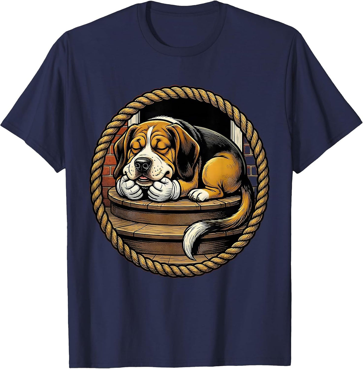 Lazy Hound Dog Napping on Porch Steps Illustration T-Shirt - Navy Blue