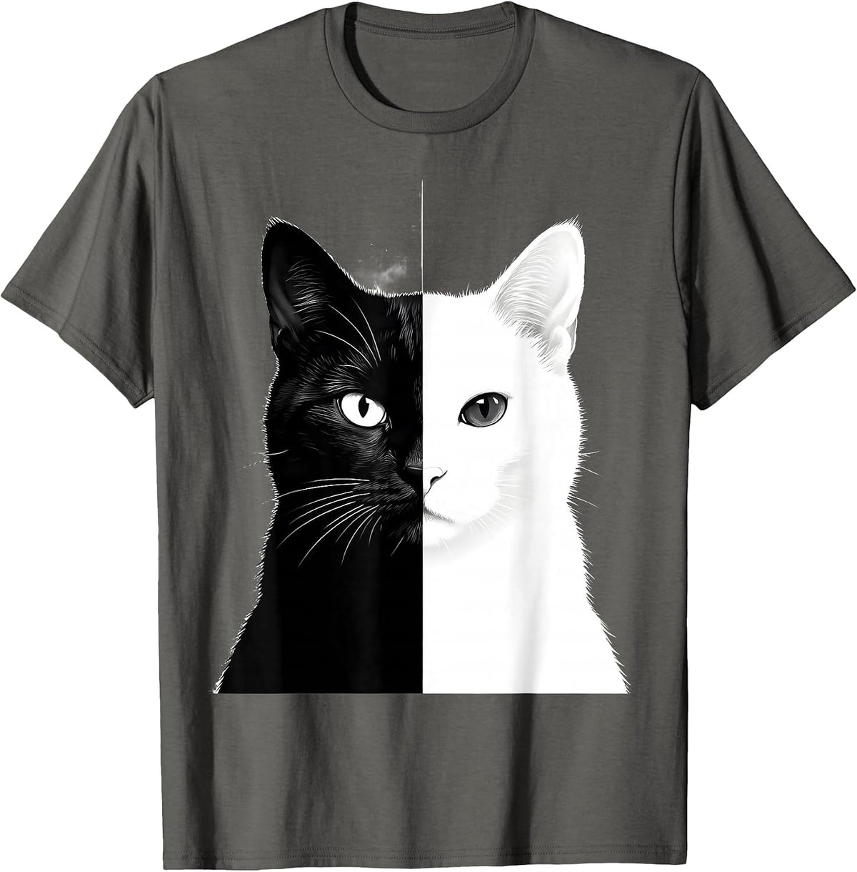 Cat Face Day and Night Split Illustration T-Shirt - Asphalt Grey