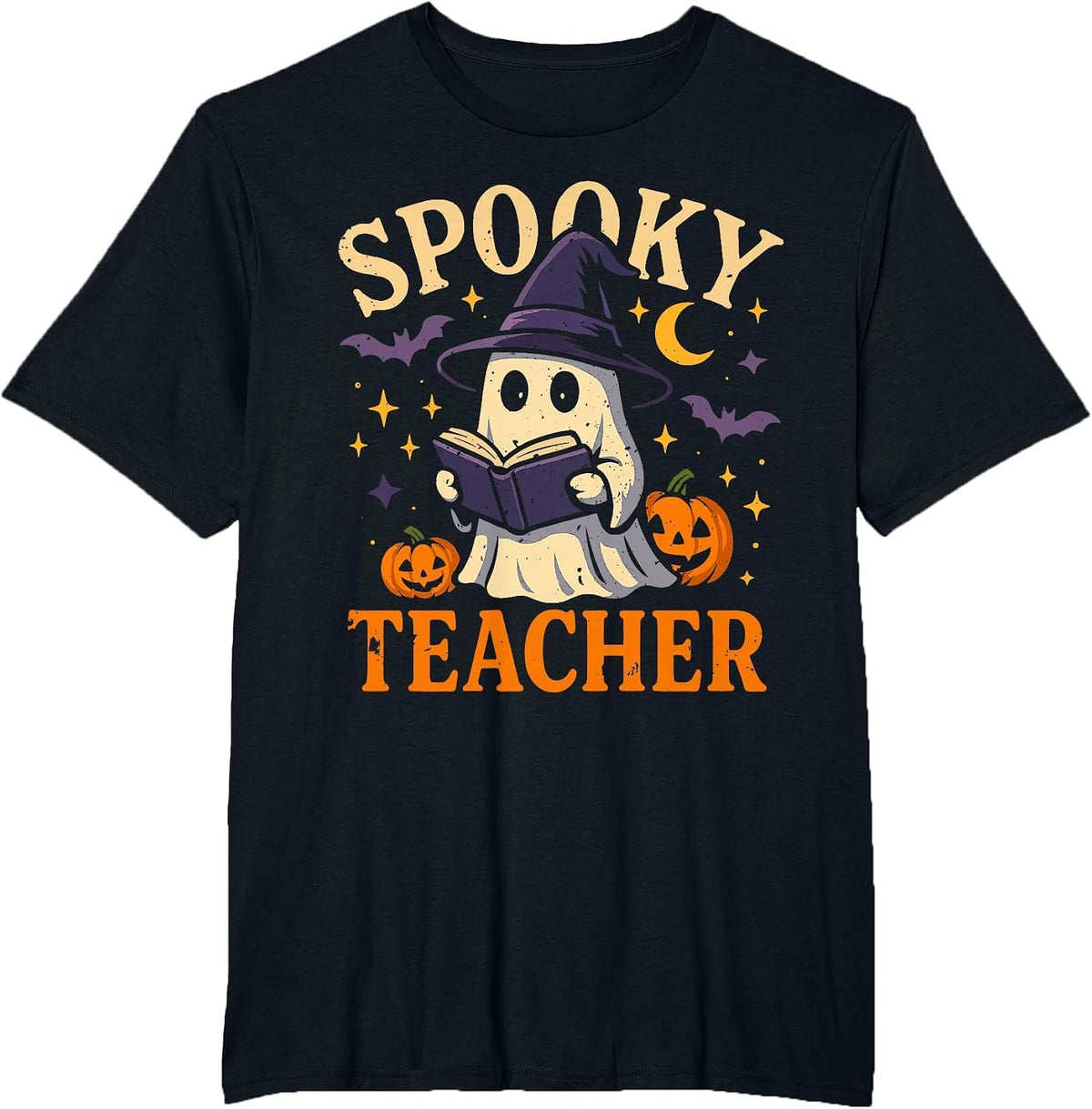 Spooky Teacher Halloween Cute Ghost Pumpkin Reading Women T-Shirt - Black