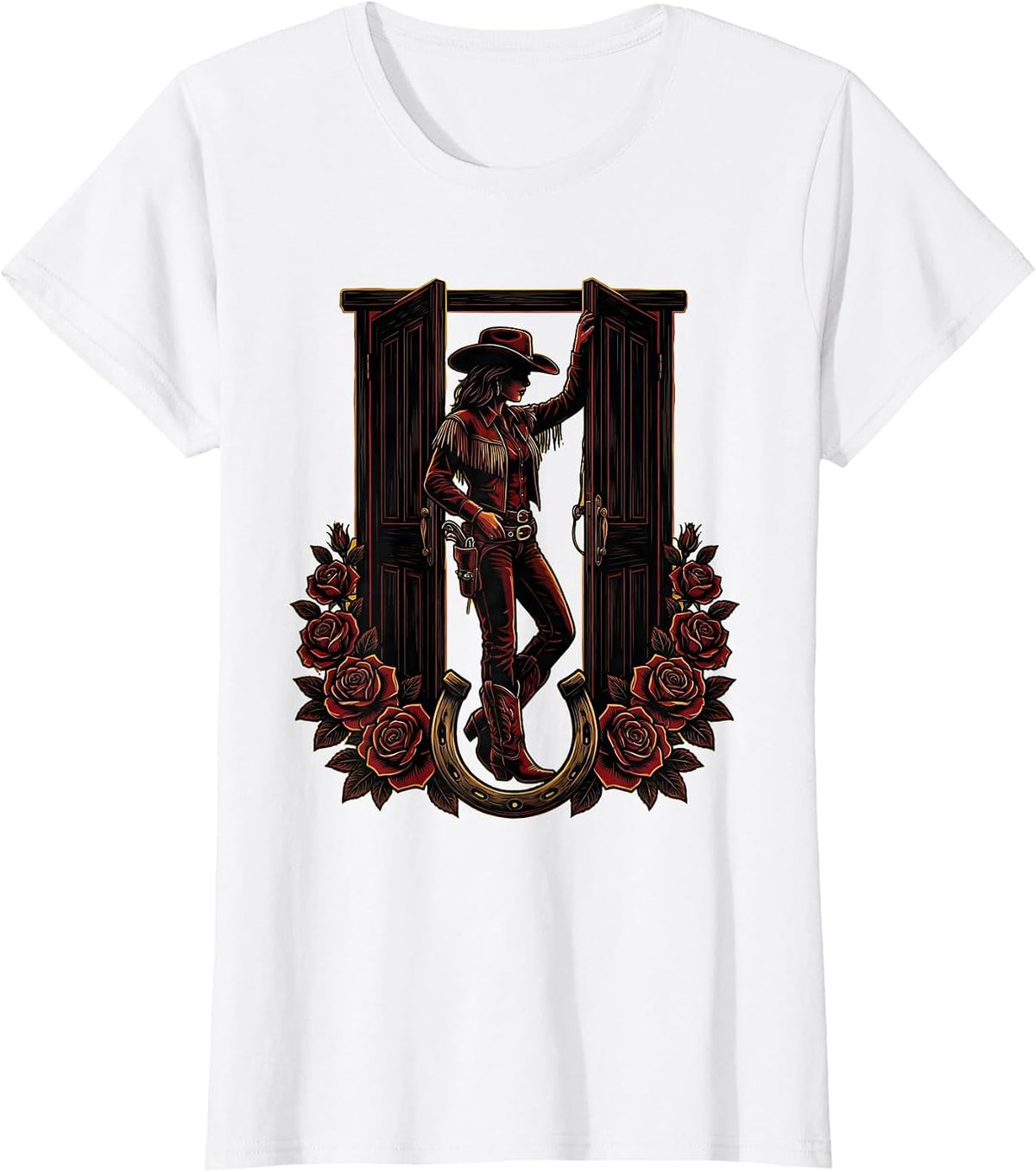 Cowgirl Leaning Against Saloon Door Graphic T-Shirt - White