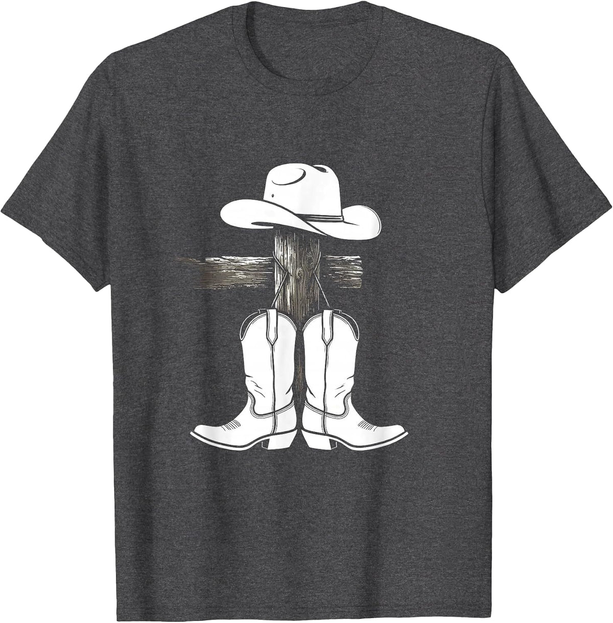 Men's White Cowgirl Hat and Boots Crossed on Fence Post T-Shirt - Dark Heather Grey