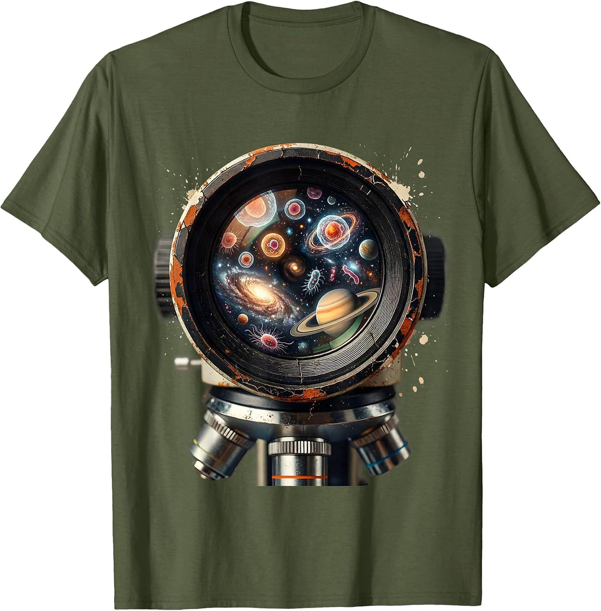 Microscope Universe Science Explorer Graphic T-Shirt - Olive Green