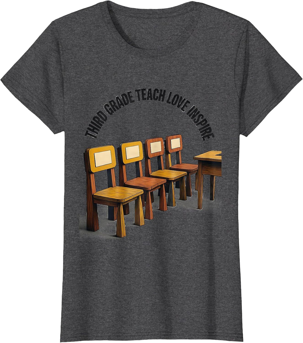 Women's Third Grade Teach Love Inspire Midcentury Modern Teacher T-Shirt - Dark Heather Grey