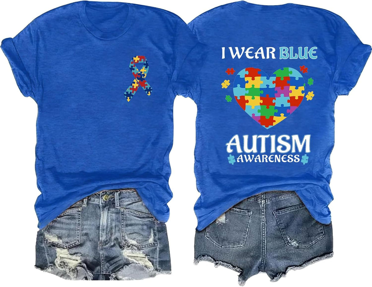 Autism Awareness Shirt Neurodiversity Infinity&Colorful Puzzle Heart, Autism Acceptance Tee for World Autism Day - Blue-2