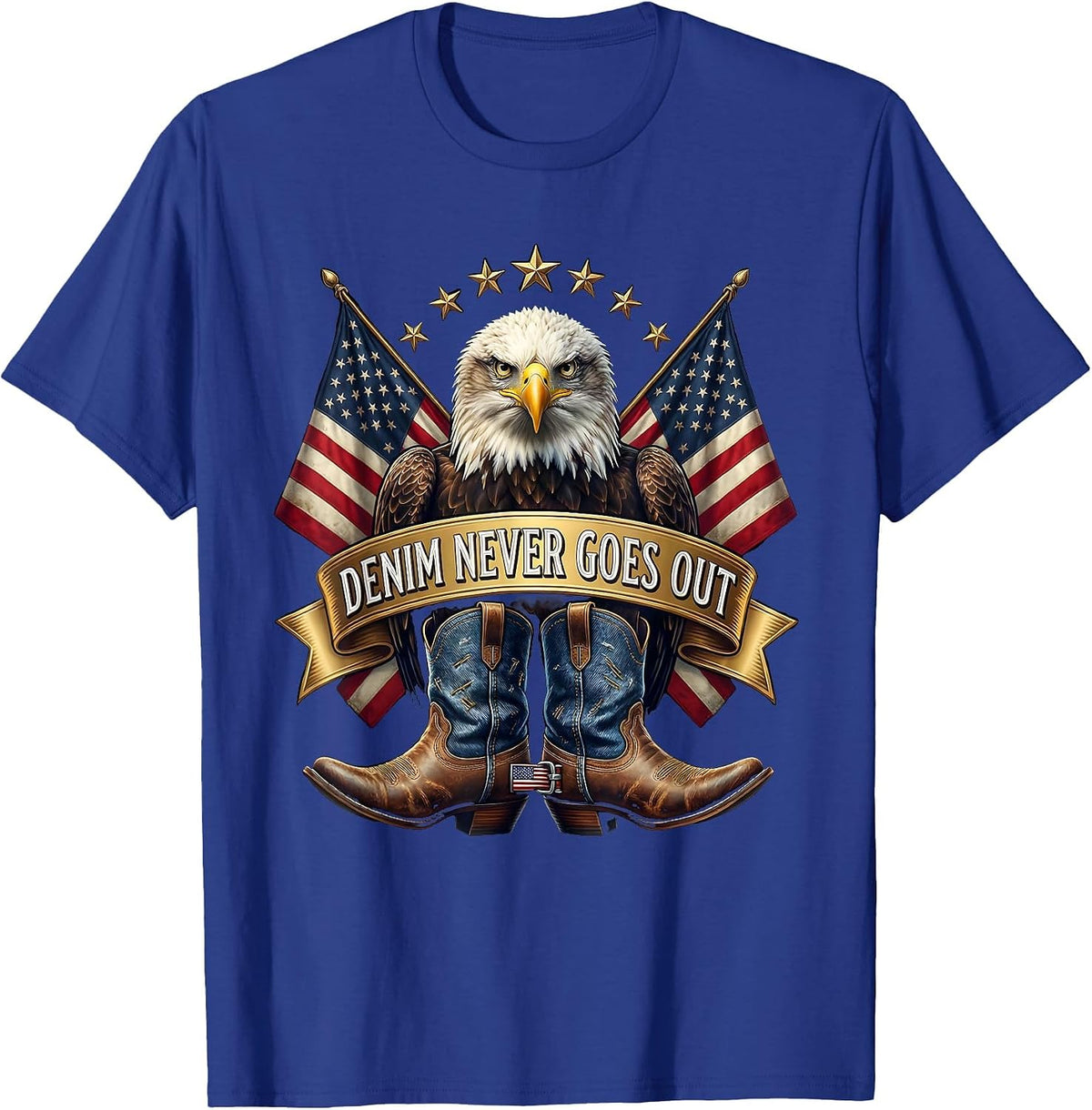 Men's Denim Never Goes Out Cowgirl Design T-Shirt - Royal Blue