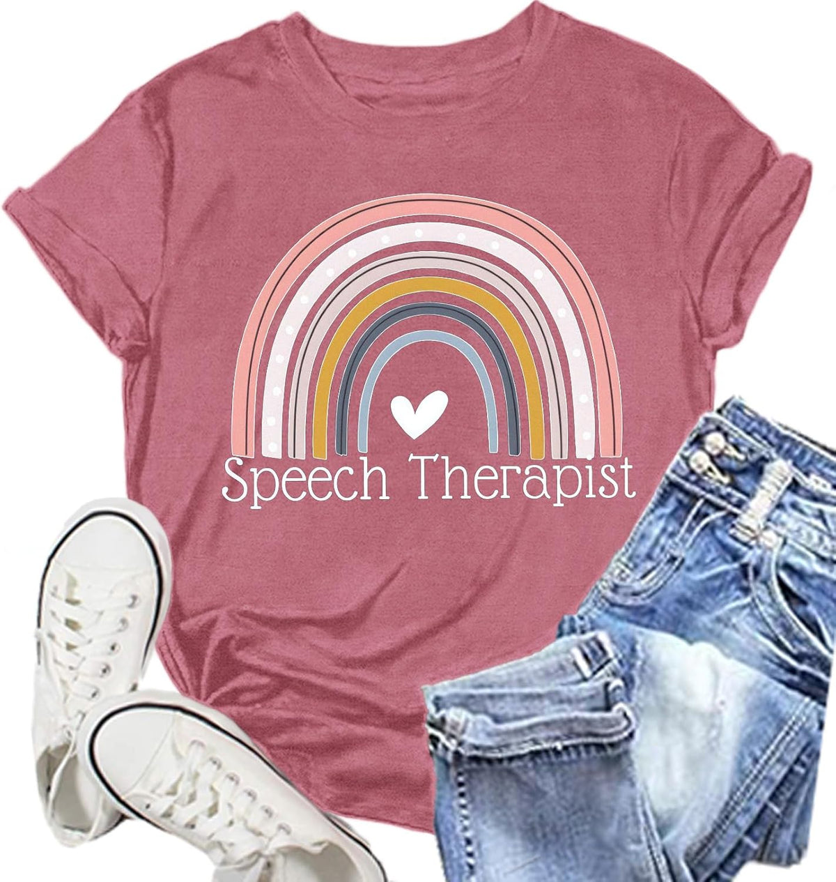 Womens Speech Therapy Shirt Speech Therapist Rainbow T-Shirts Language Pathologist Tee Tops - Pink