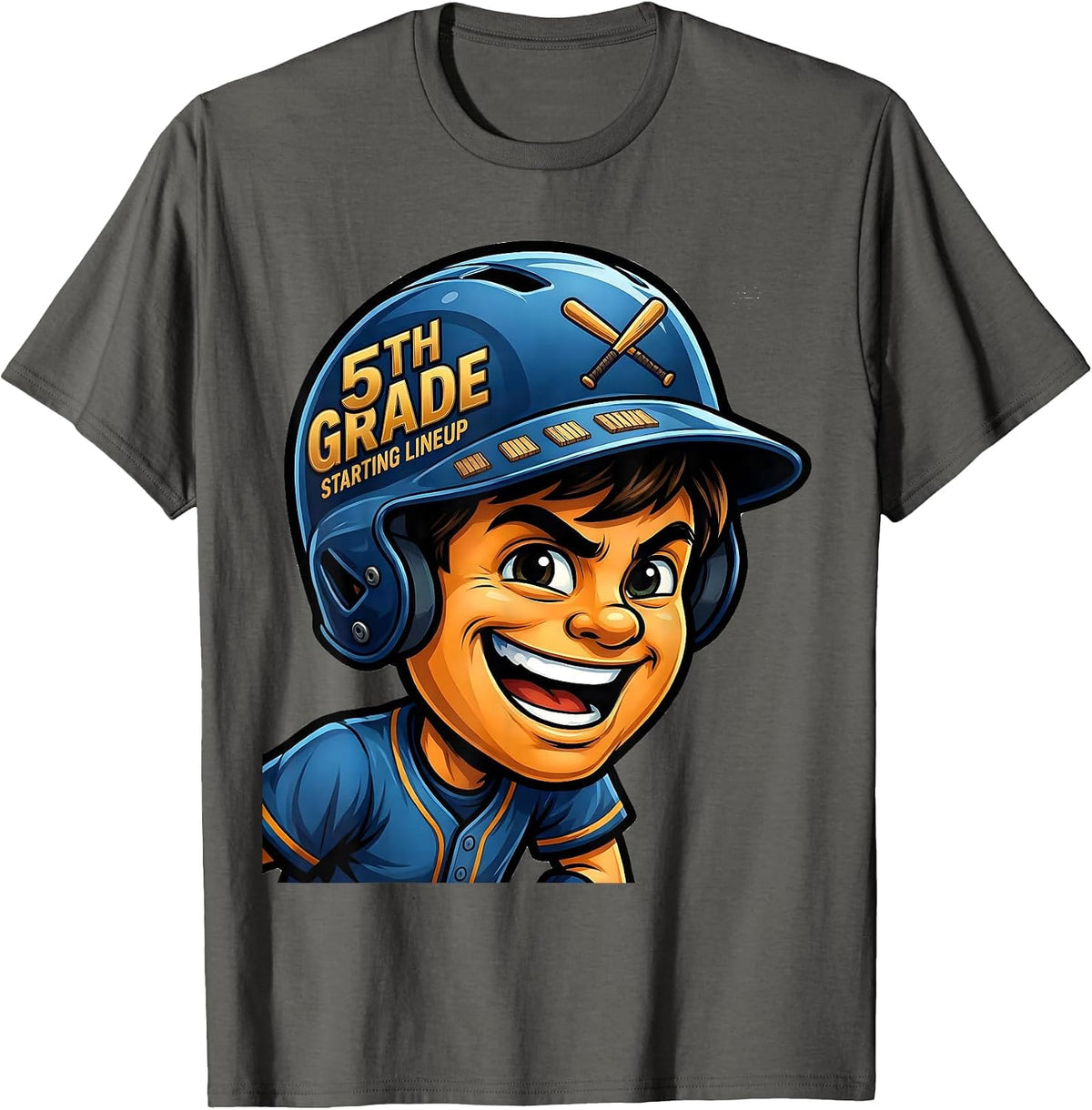 5th Grade Starting Lineup Cartoon Baseball Boy Mascot Back T-Shirt - Asphalt Grey