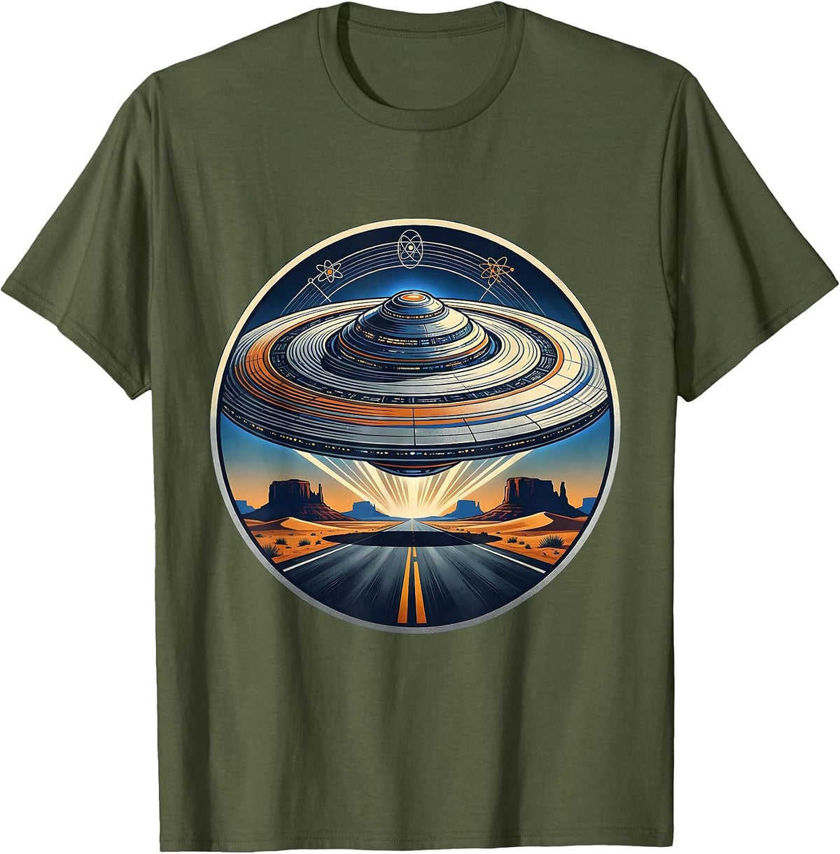 Alien Mothership Over Desert Highway T-Shirt - Olive Green