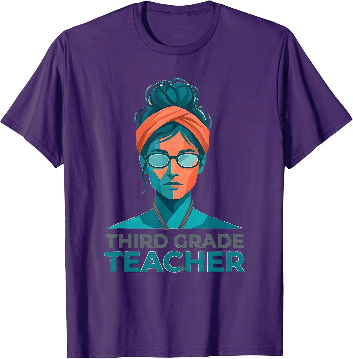 Third Grade Teacher Flat Vector Messy Bun School Role T-Shirt - Purple