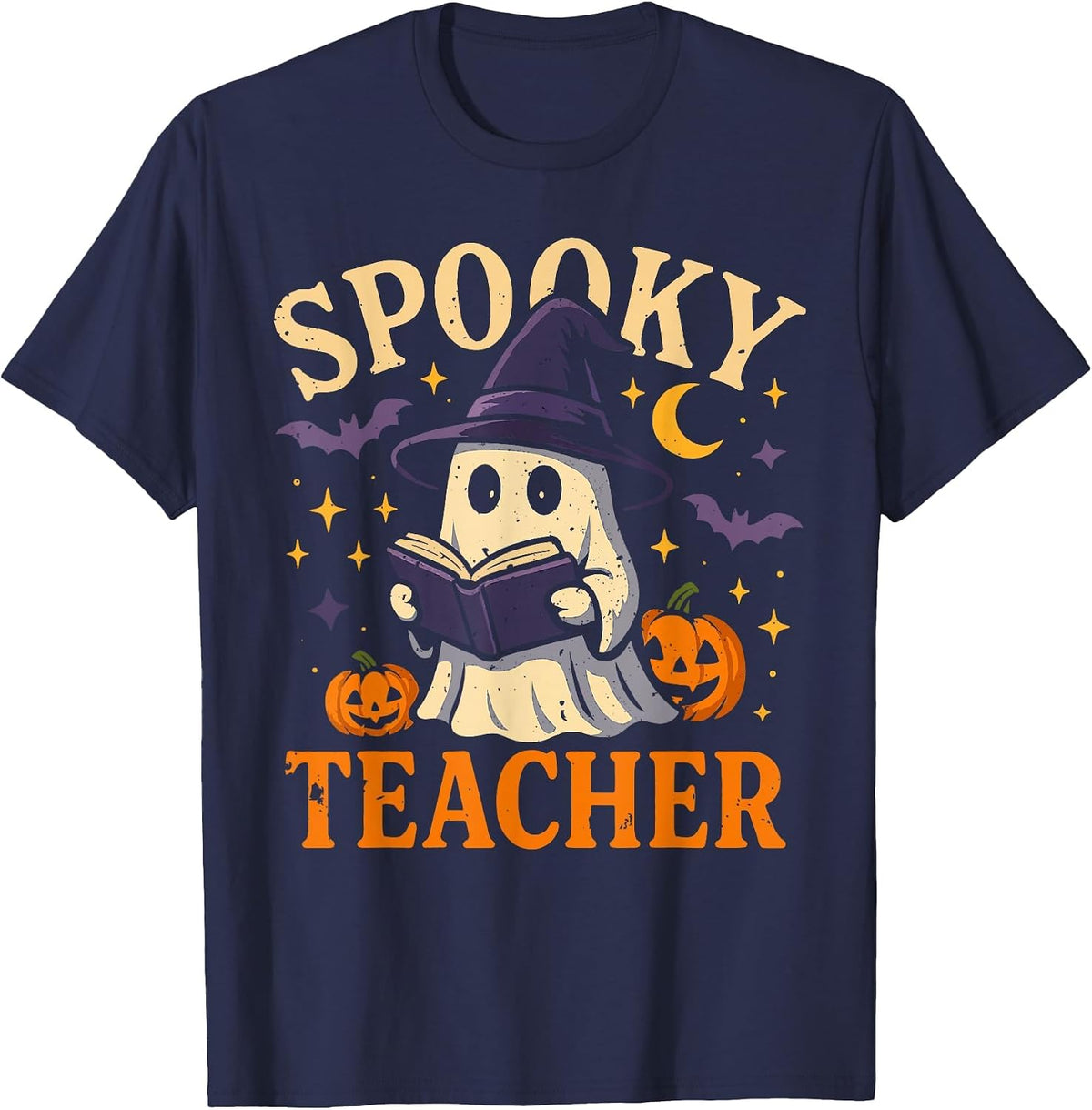 Spooky Teacher Halloween Cute Ghost Pumpkin Reading Women T-Shirt - Navy Blue