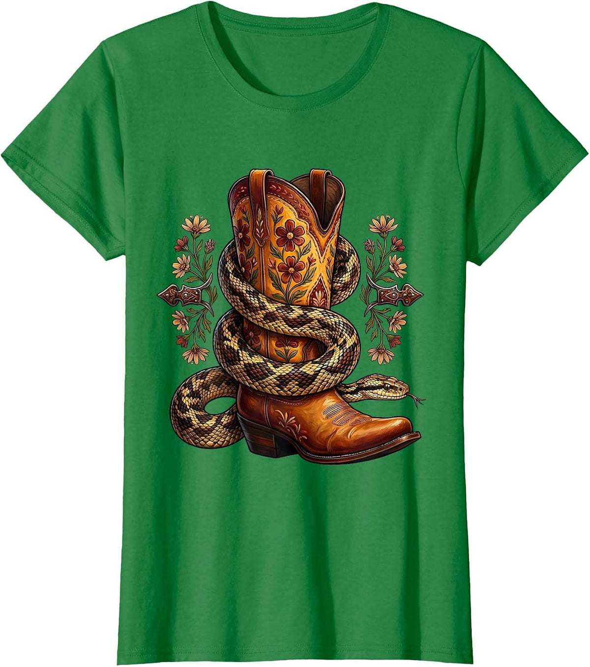 Women's Snake Coiled Leather Boot Cowgirl Graphic Tee T-Shirt - Kelly Green