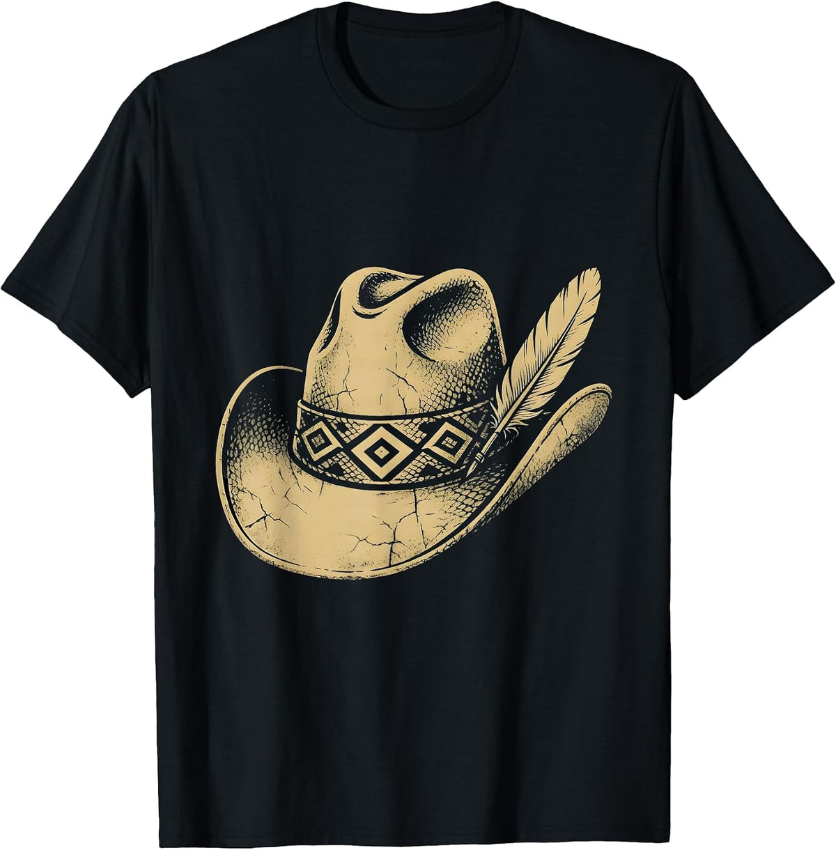 Men's Cowboy Hat Feather Snakeskin Band Western Design T-Shirt - Black