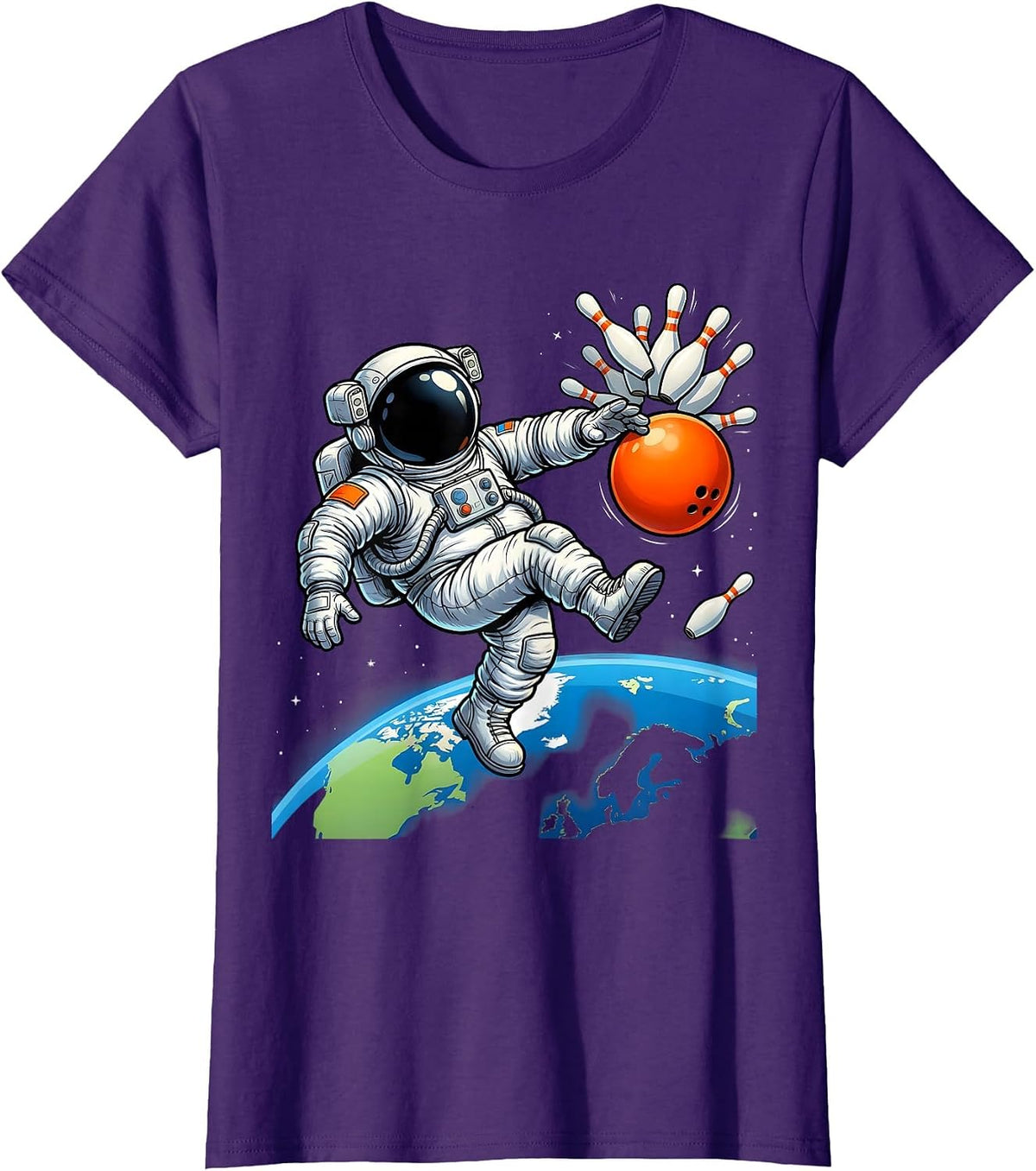 Women's Astronaut Bowling in Zero Gravity Space Design T-Shirt - Purple