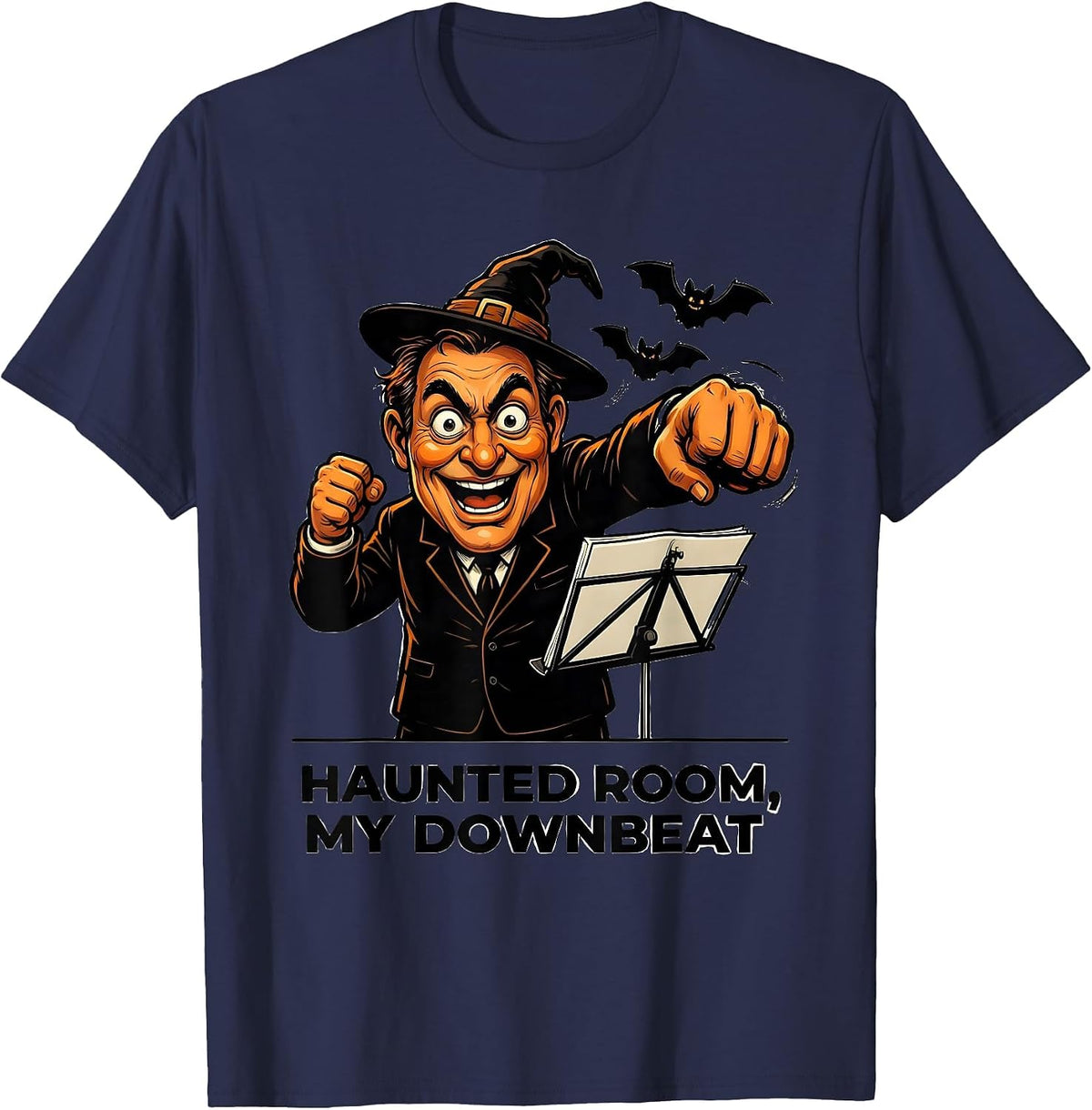 Haunted Room My Downbeat Cartoon Ghost Music Teacher T-Shirt - Navy Blue