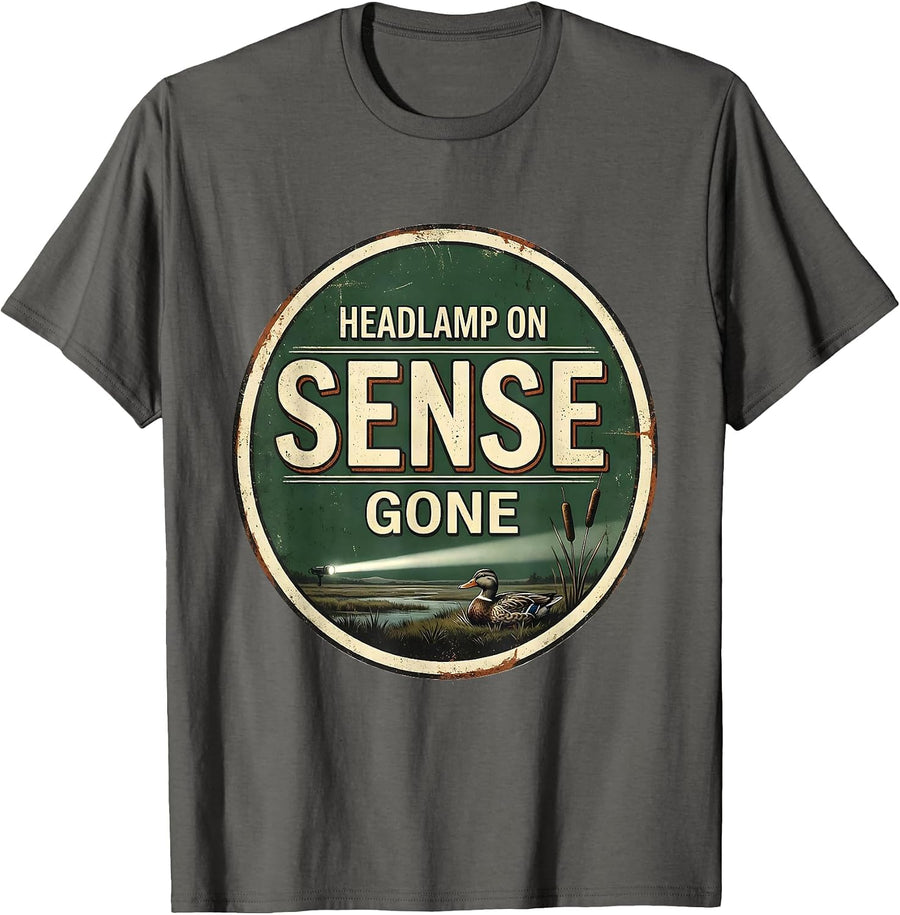 Headlamp On Sense Gone Vintage Duck Hunting Humor Gift T-Shirt - Asphalt Grey