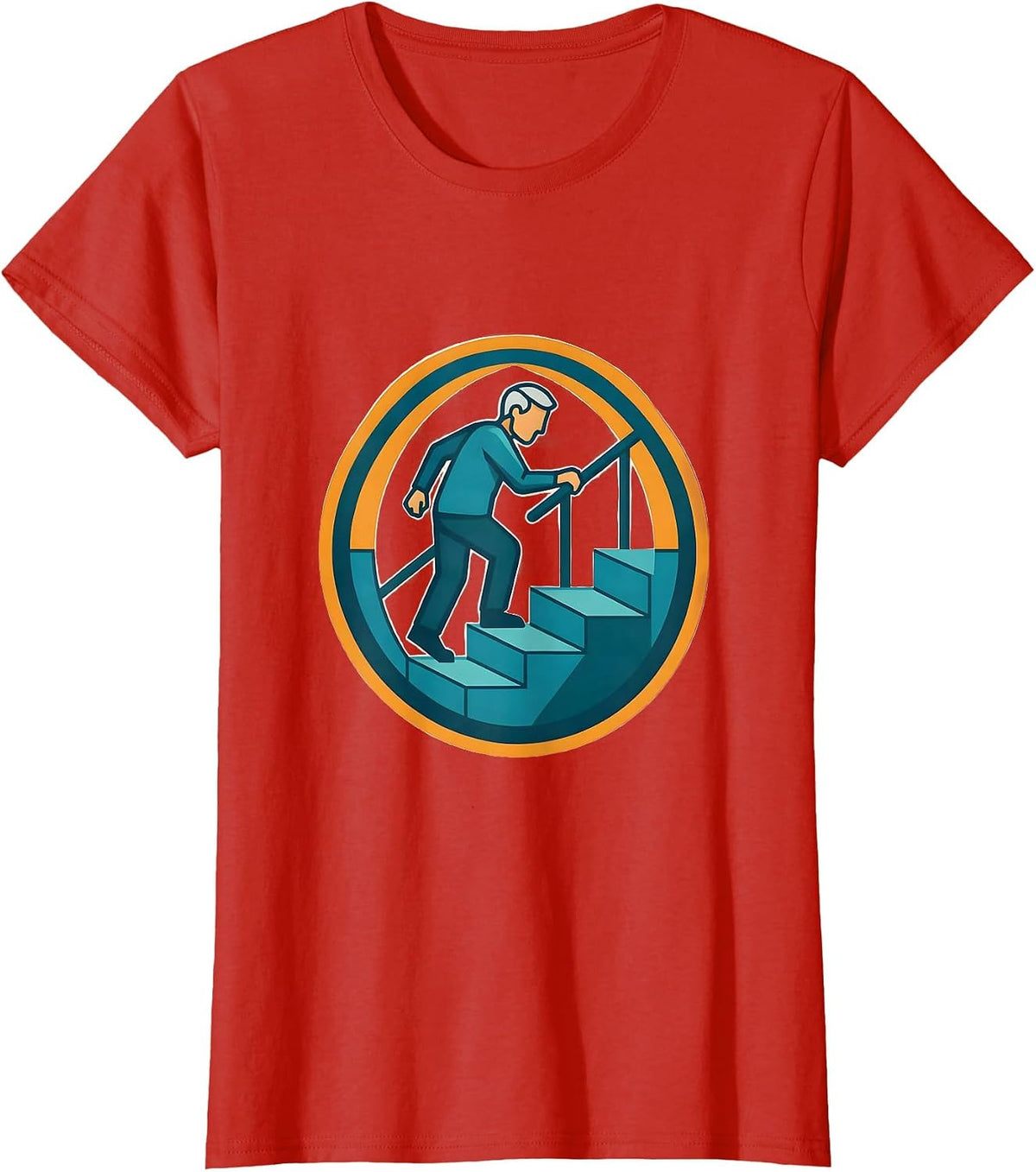 Elderly Balance on Staircase Fall Prevention Graphic T-Shirt - Red