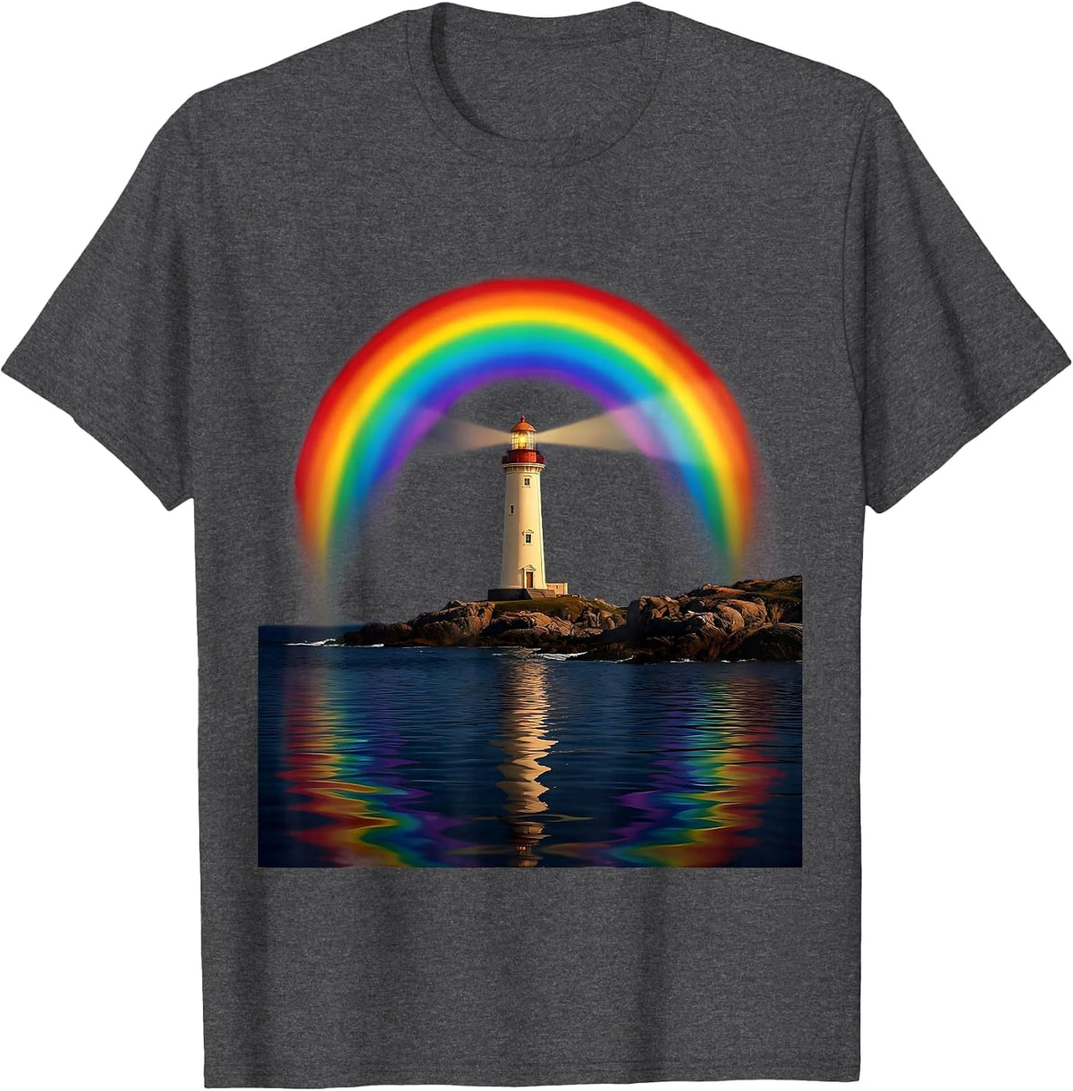 Autism Lighthouse Rainbow Beacon Dark Water Design T-Shirt - Dark Heather Grey