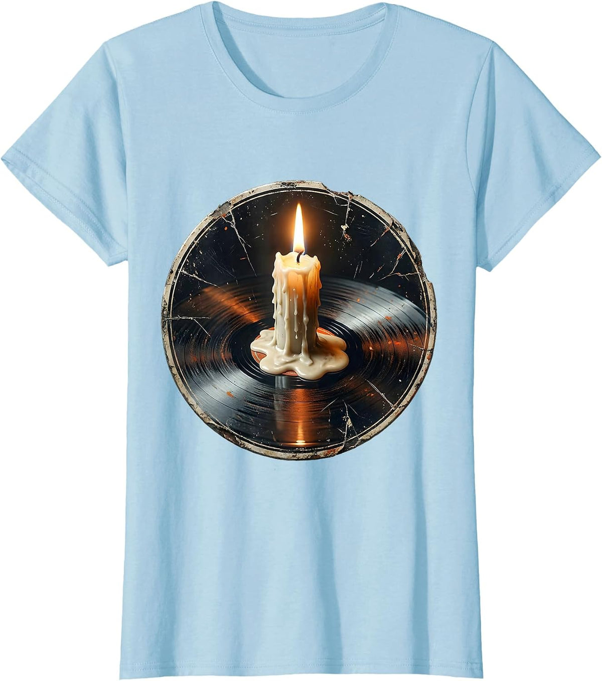 Melting Candle Vinyl Record Rock Music Graphic T-Shirt - Baby Blue