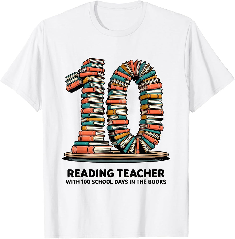 Men's Reading Teacher With 100 School Days In The Books Cartoon T-Shirt - White