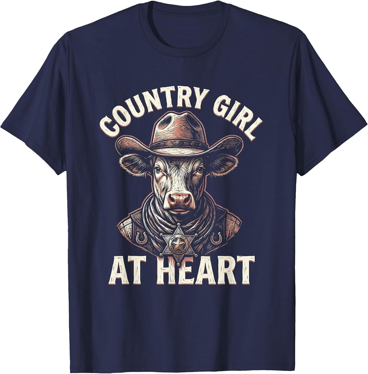 Country Girl At Heart White Cowgirl Design T-Shirt - Navy Blue