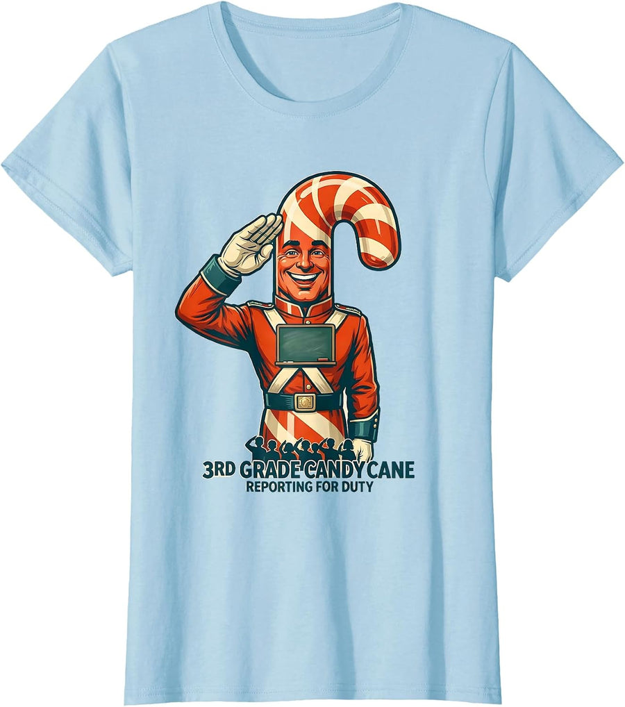 Women's 3rd Grade Candy Cane: Reporting For Duty Teacher T-Shirt - Baby Blue