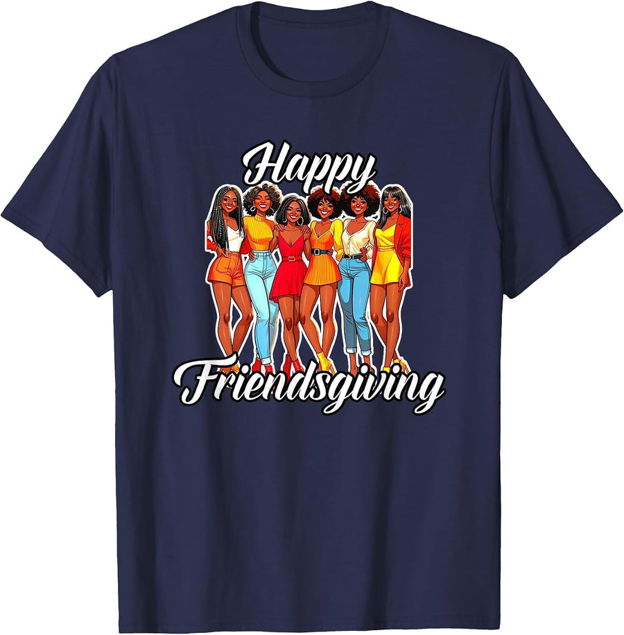 Happy Friendsgiving African American Women Thanksgiving T-Shirt - Navy Blue