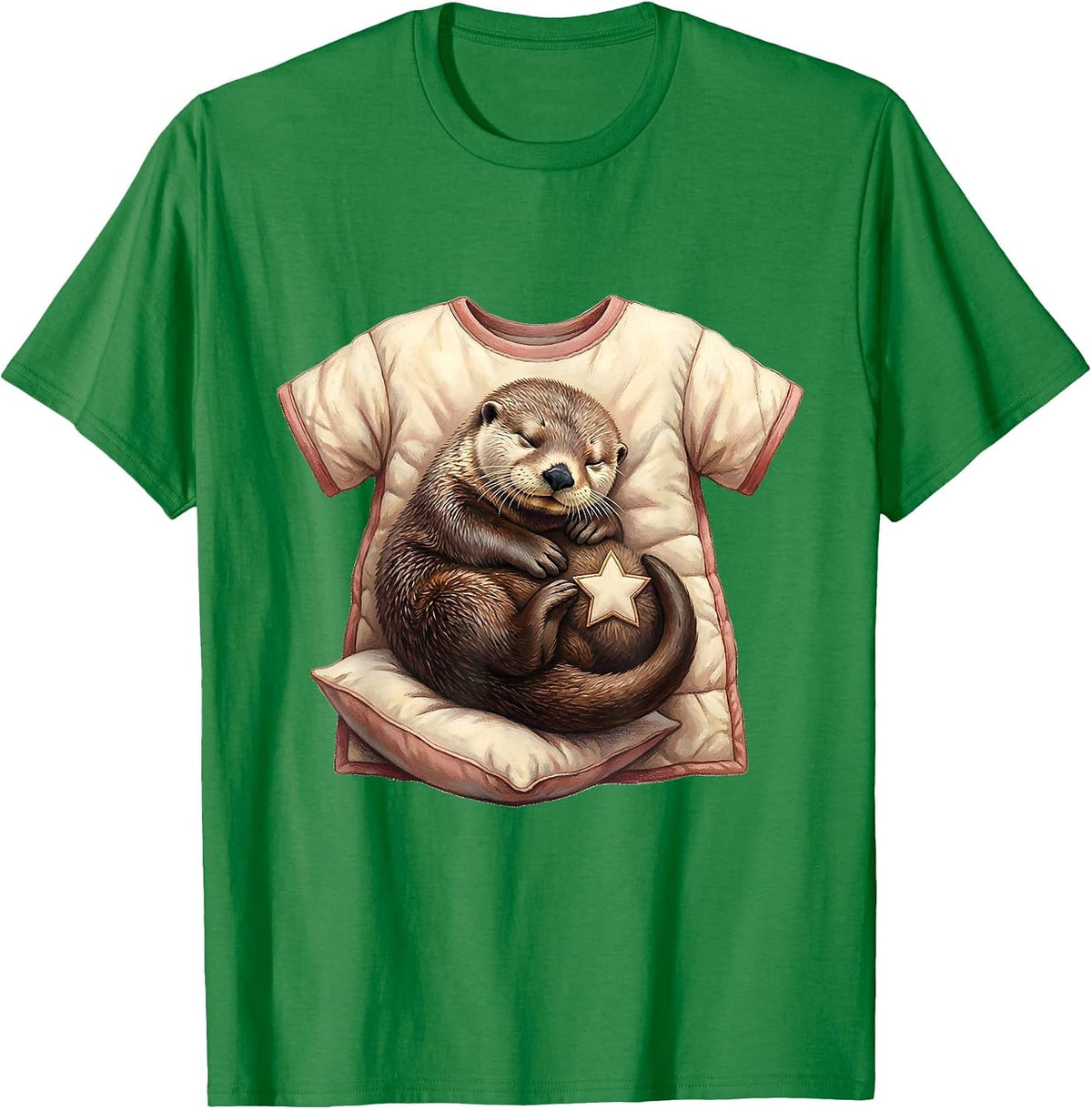 Men's Sleeping Sea Otter Storybook Pajama Animal Lovers T-Shirt - Kelly Green
