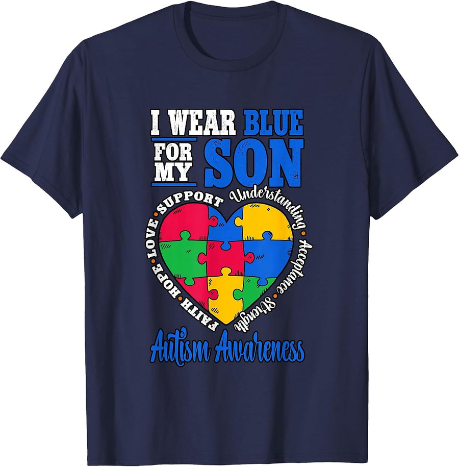 I Wear Blue for My Son Autism Awareness T-Shirt - Navy Blue