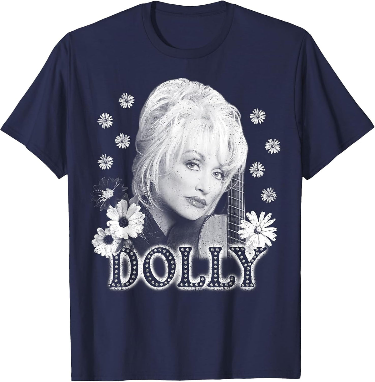 Dolly Parton Dolly Guitar & Flowers Black & White Portrait T-Shirt - Navy Blue