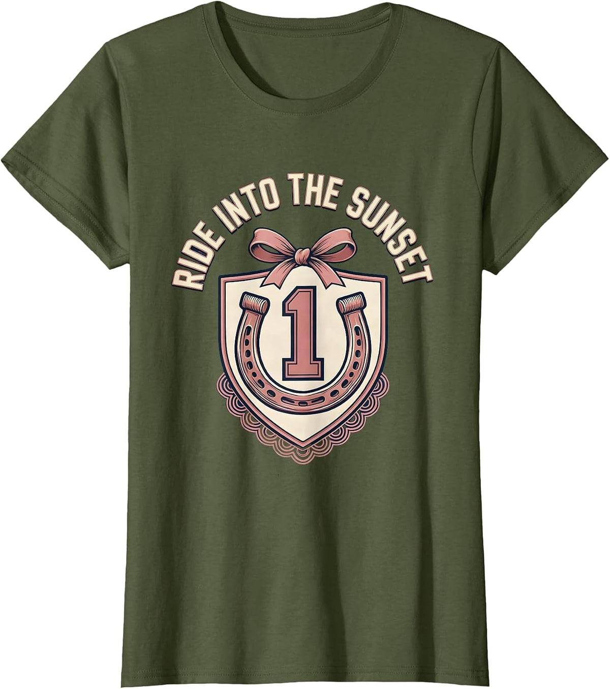 Women's Denim Cowgirl Ride Into The Sunset Design T-Shirt - Olive Green