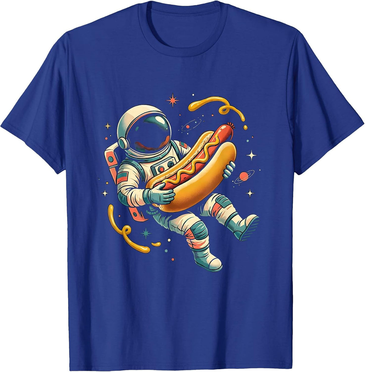 Astronaut Hot Dog Zero Gravity Space Illustration T-Shirt - Royal Blue