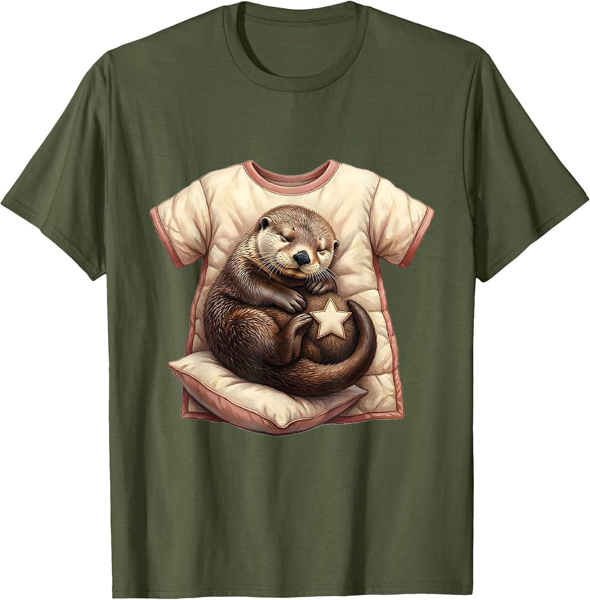 Men's Sleeping Sea Otter Storybook Pajama Animal Lovers T-Shirt - Olive Green
